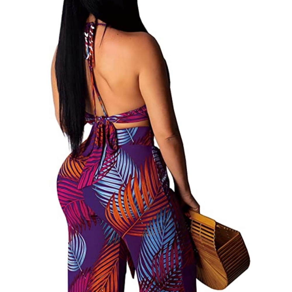 Two Piece Outfits  V Neck Off Shoulder Long Straight Pants Floral Jumpsuits